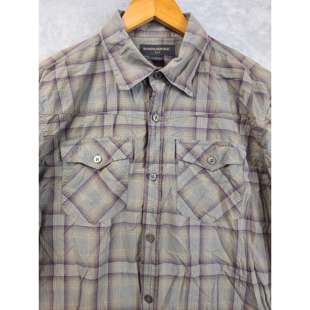 Banana Republic Shirt Mens Green Purple Plaid Double Flap Pockets Sz Large